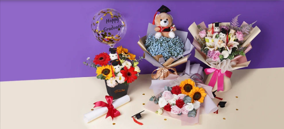 4 flower bouquets, teddy bears and a balloon on a purple background