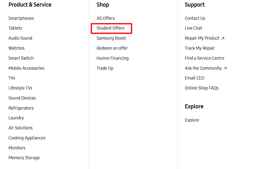 Samsung student store with a red border around, words written in black all on a white background and other link words.