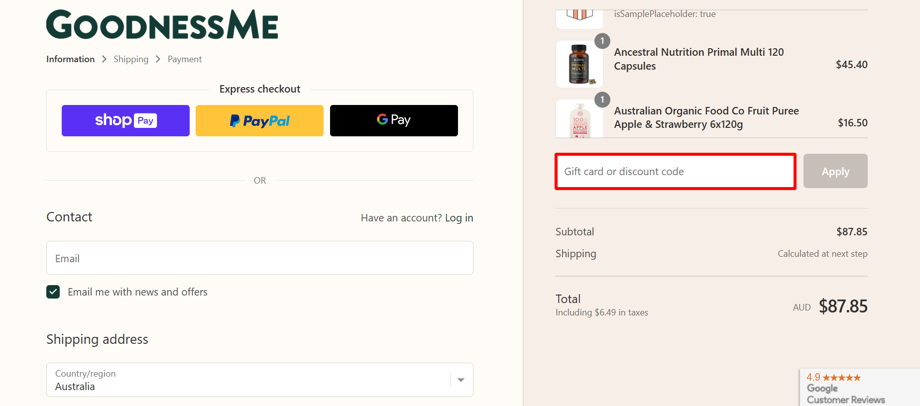 The brand checkout page with where to add the GoodnessMe Box discount code highlighted with a red box