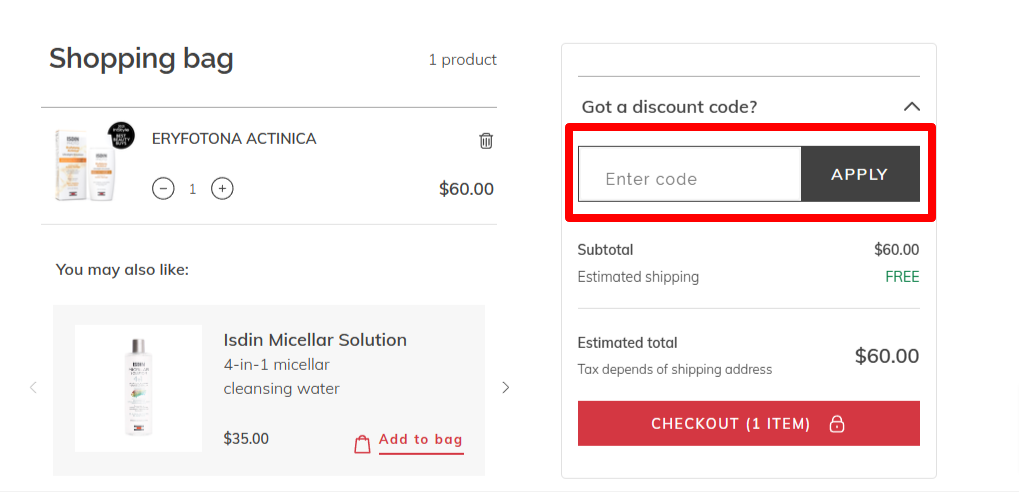 Checkout page with all the prices and the ISDIN discount code in a red box