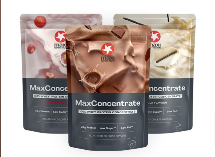 The three Maximuscle maxconcentrate whey protein with the chocolate, peanut butter and vanilla flavour