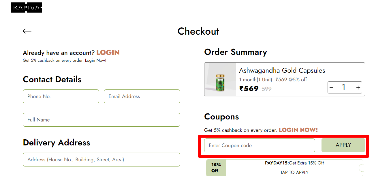The brand checkout page with where to add the Kapiva coupon code highlighted with a red box
