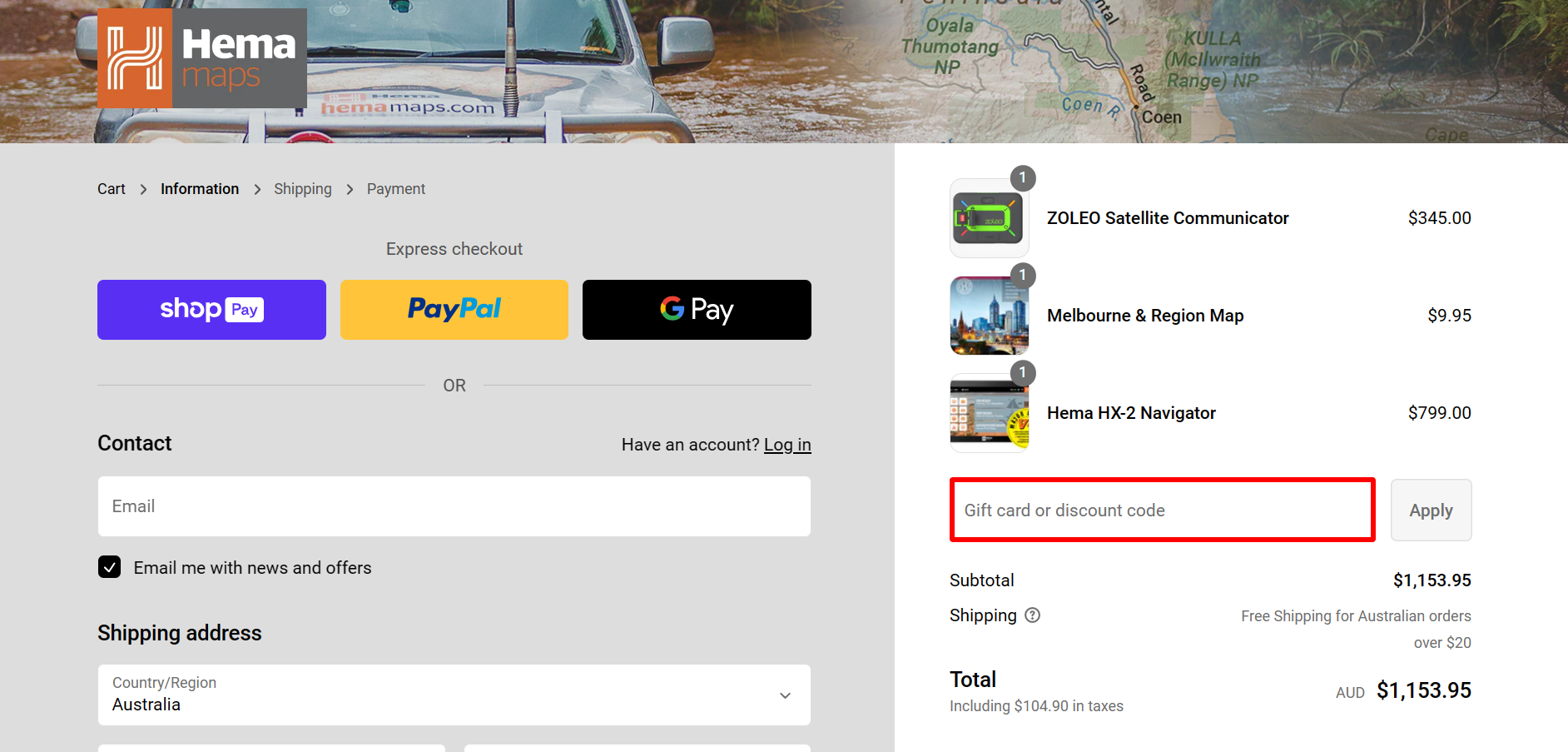 The brand checkout page with where to add the Hema Maps discount code highlighted with a red box