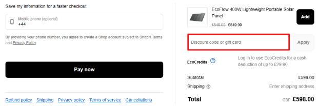 A box where you enter an EcoFlow voucher code to redeem it.