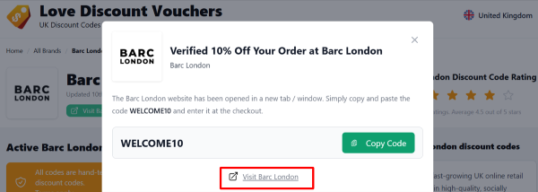 The highlighted red box shows the link that takes you to the Barc London website