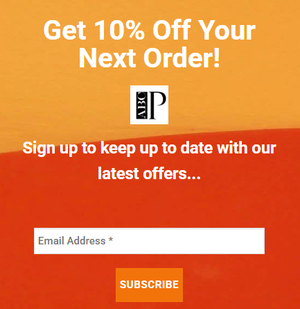 The ABC Prints newsletter sign up page with thier 10% off promo.