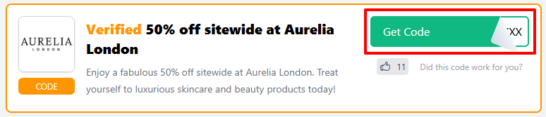 An Aurelia London voucher code with "Get Code" in a red box.