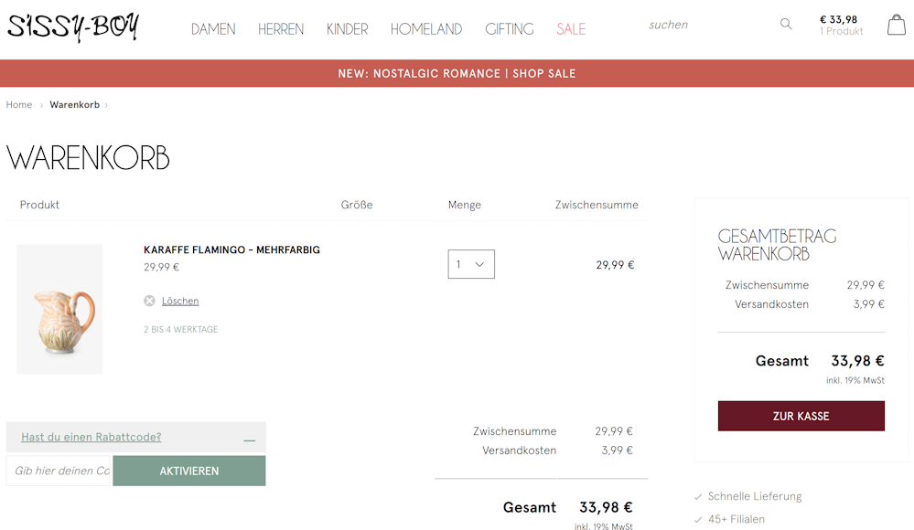 Warenkorb von Sissy-Boy mit einem rotmarkierten Eingabfeld für den Gutschein
