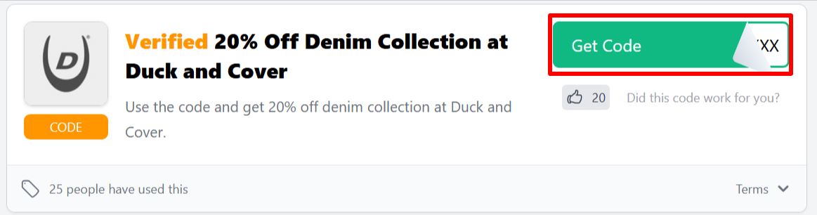 A Duck and Cover promo code for customers to use to save money 