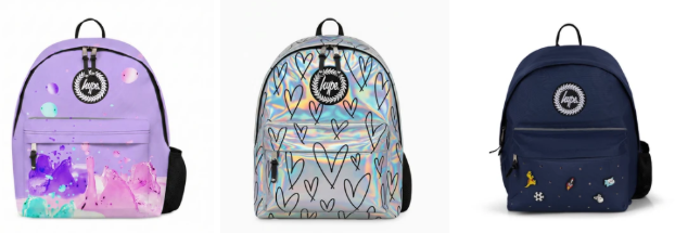 Three Justhype backpacks displayed on a white background