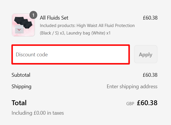 The checkout page showing where to apply your Bodyform discount code