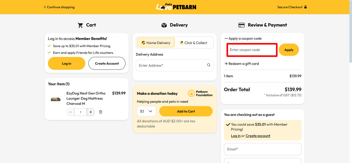 Petbarn's checkout page where you can see the place to paste your Petbarn discount code