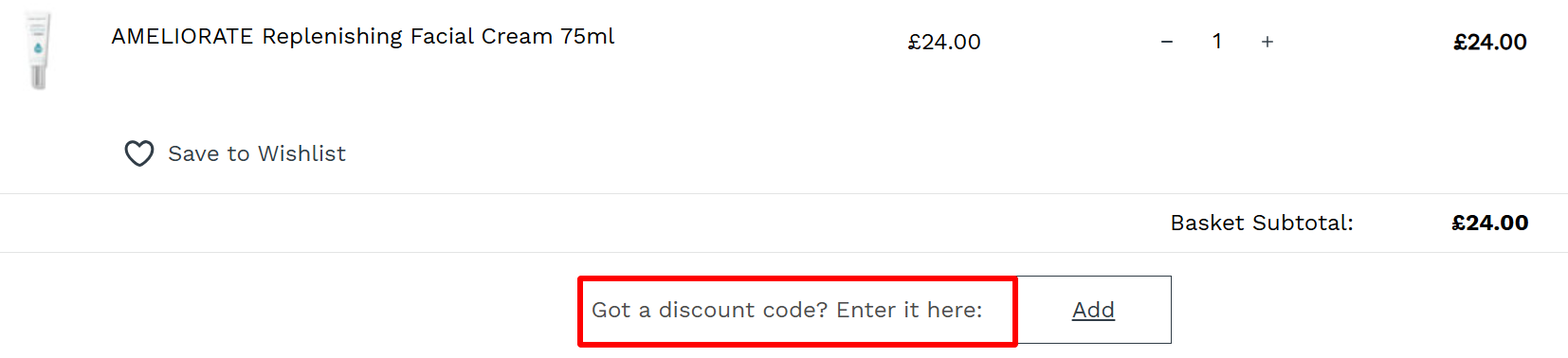 The checkout page showing where to apply your Ameliorate discount code