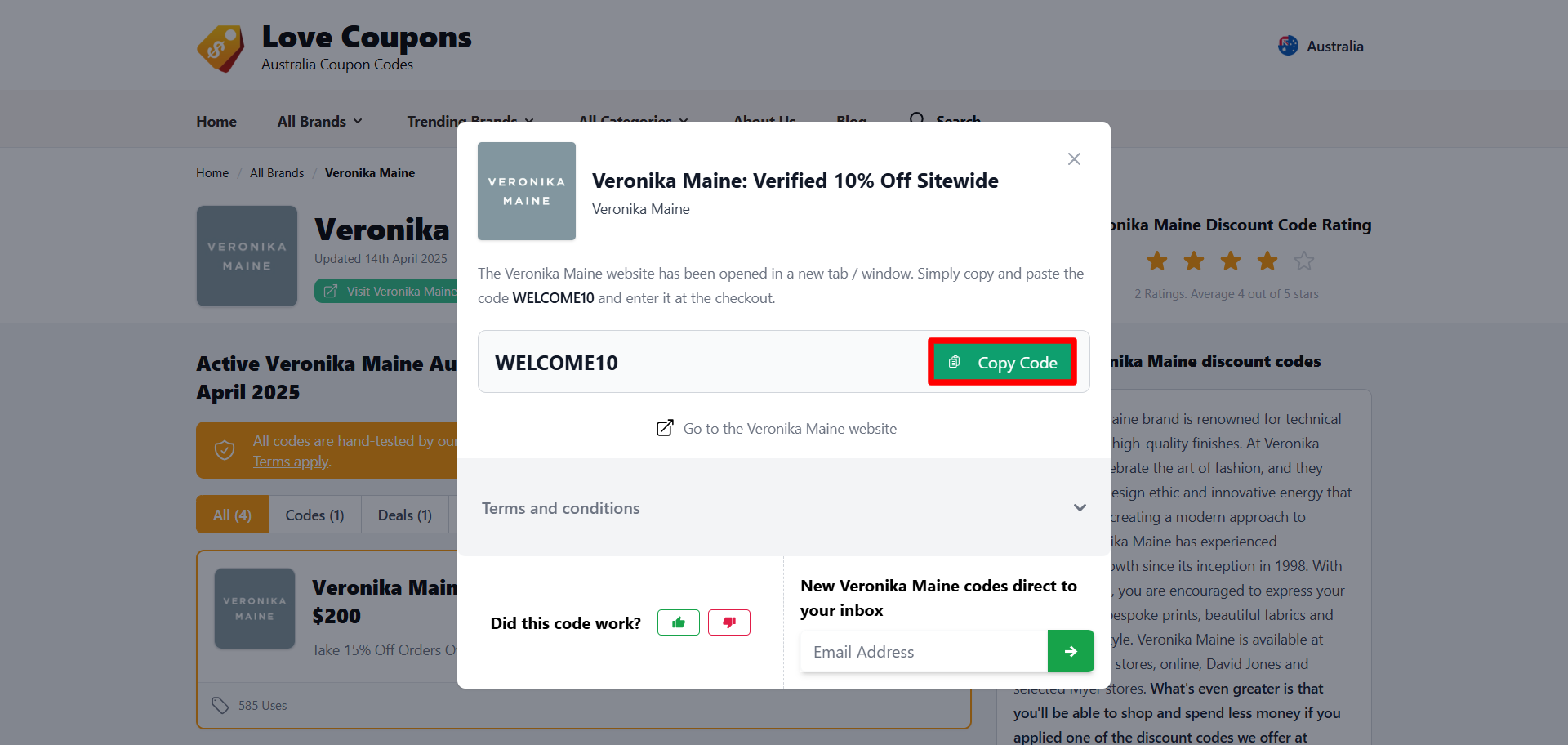 A popup displaying a Veronika Maine promo code and its terms and conditions