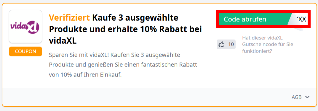 Angaben zu einem Rabattcode von vidaXL mit rotmarkiertem Abruf-BUtton