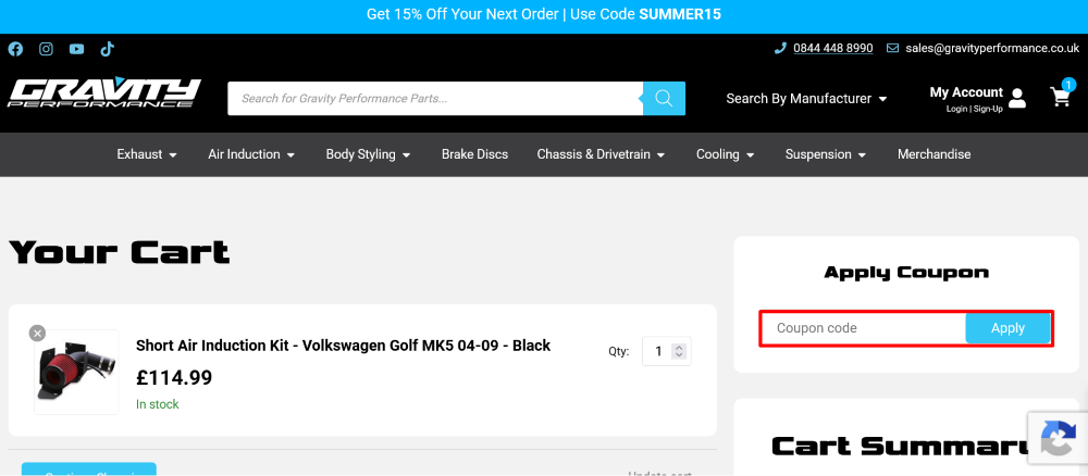 The checkout page for GRAVITY, where you paste the code