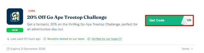 A red box will revealed a Go Ape discount code