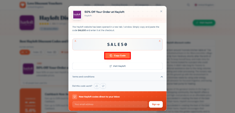 A pop-up displaying a Hayloft voucher code and its terms and conditions
