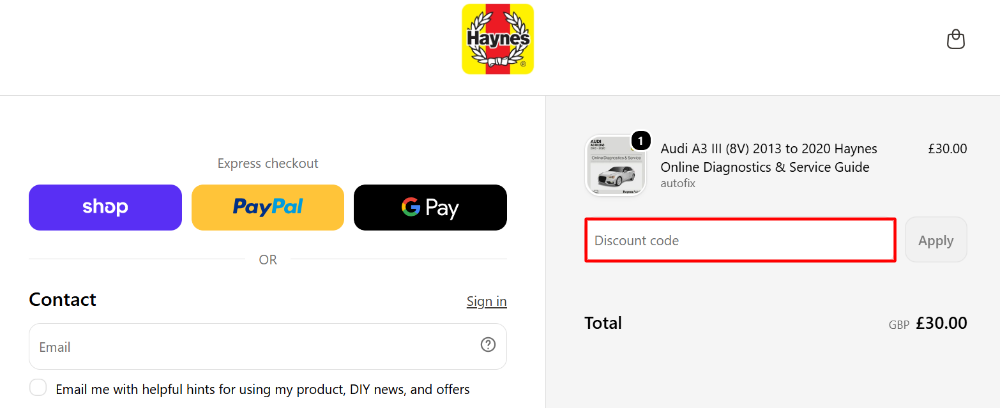 The checkout page with where to paste the Haynes coupon code in a red box