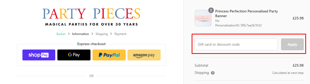 How do I use my Party Pieces Discount code?