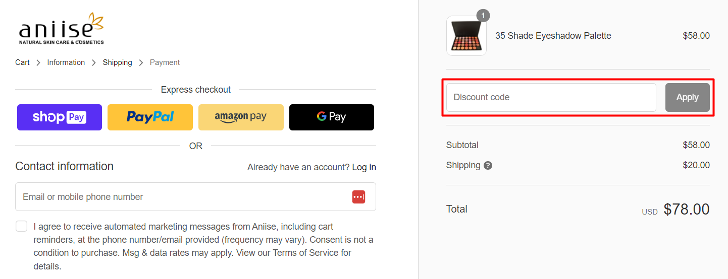 How do I use my Aniise discount code?