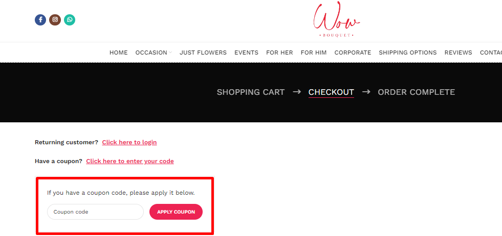 How do I use my WOW Bouquet coupon code?