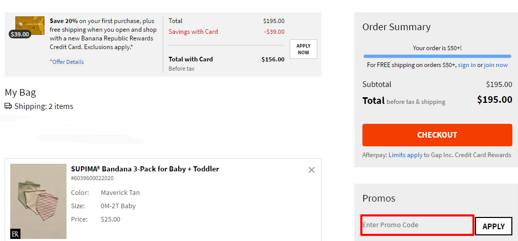 Banana Republic promo code on their checkout page with a red box to highlight the code