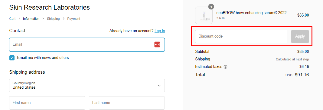 How do I use my Skin Research Laboratories discount code?