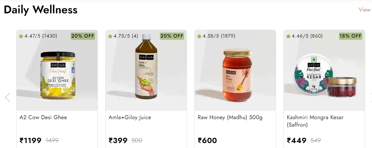A collage of daily wellness products such as honey, cow desi ghee, saffron and amla+giloy juice