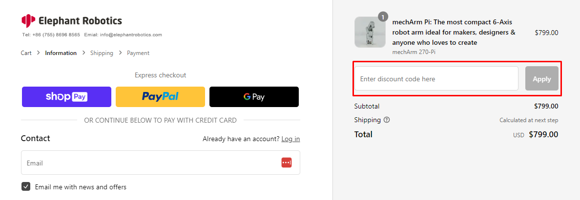 How do I use my Elephant Robotics discount code?
