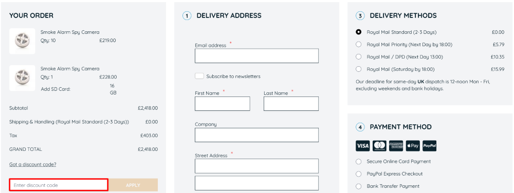 The checkout page for Online Spy Shop, where you paste the code