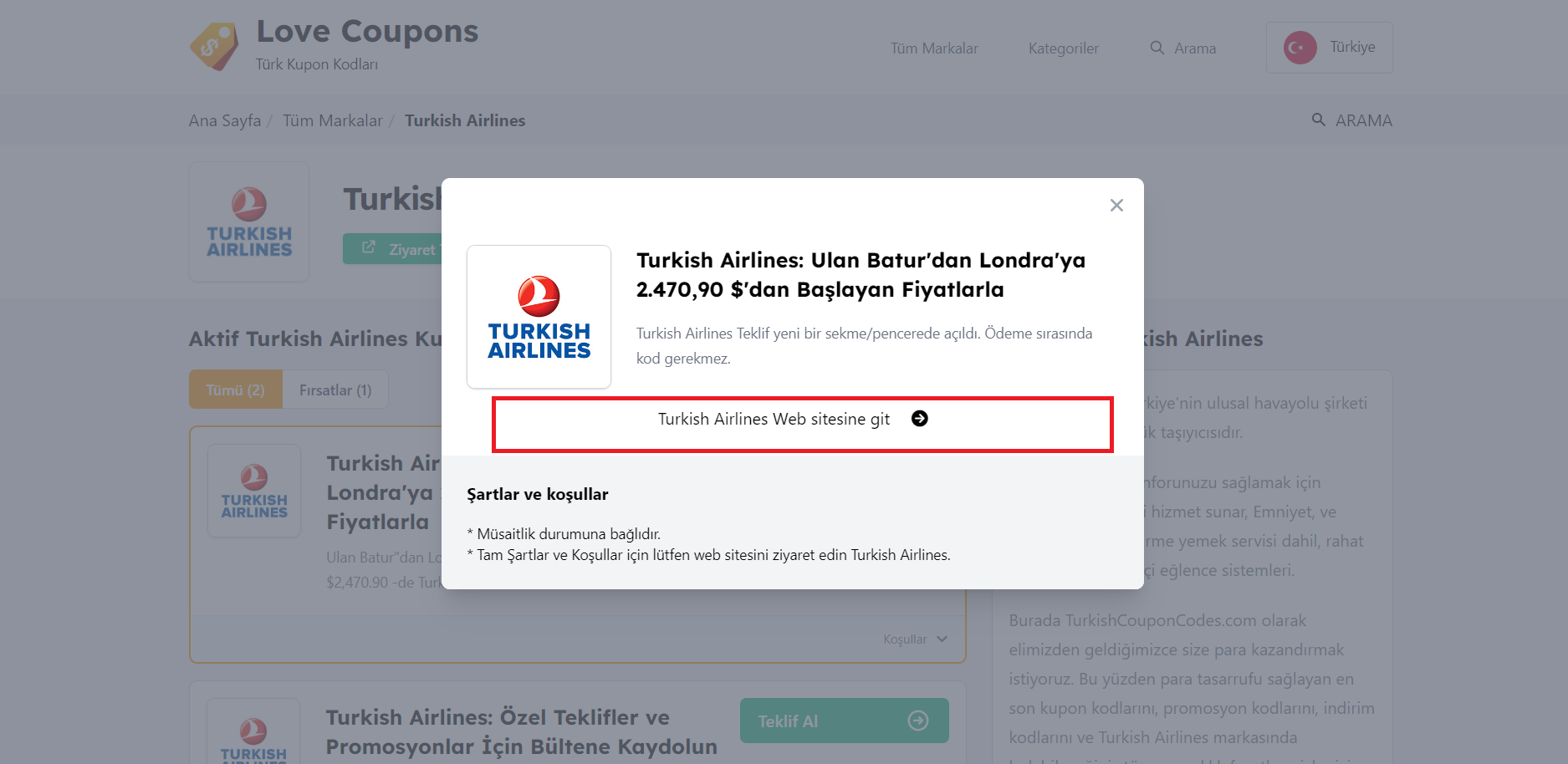 Türk Havayolları İndirim Tekflini gösteren sayfa