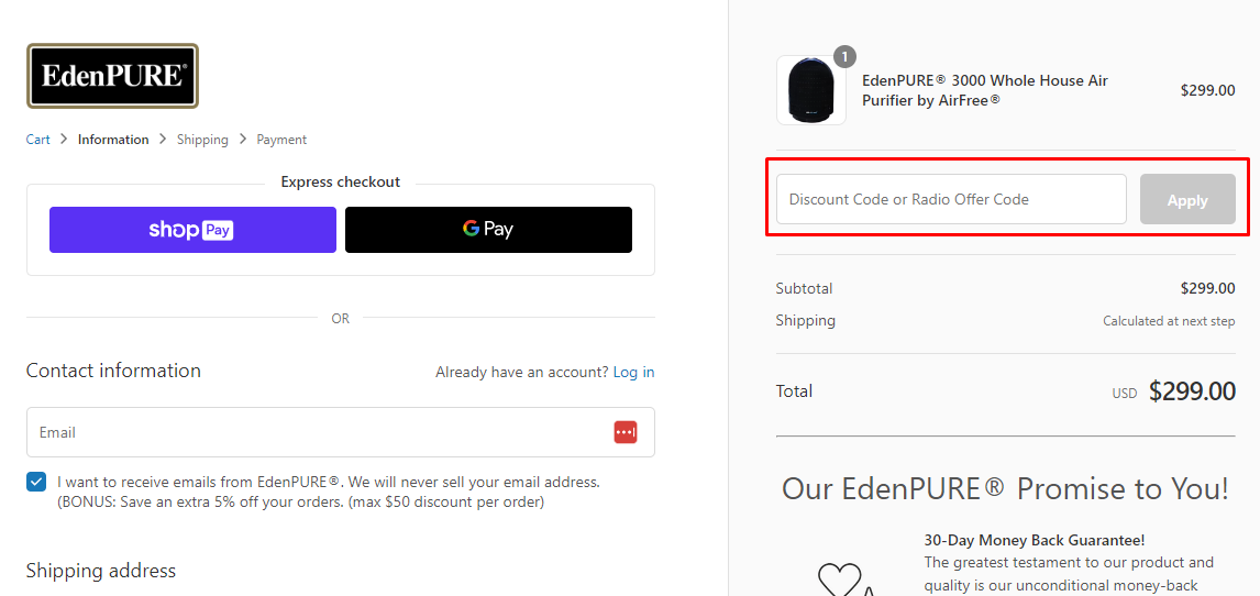 How do I use my EdenPURE discount code?
