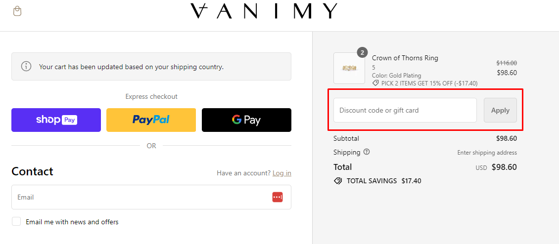 How do I use my Vanimy discount code?