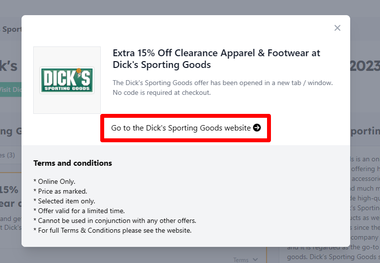 Box displayed on a darkened background of a Dick's Sporting Goods discount code with the terms and conditions showing