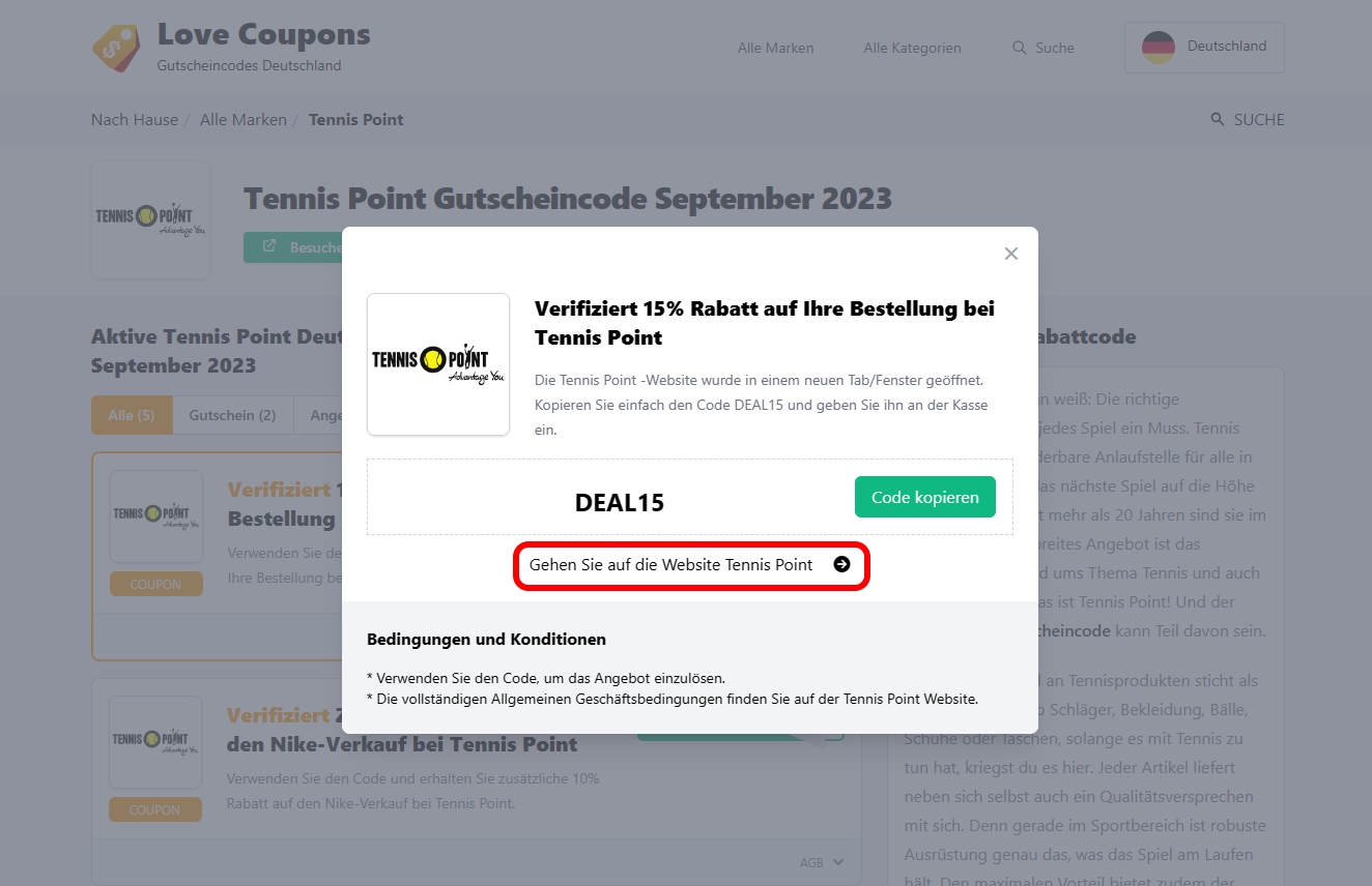 Die Lovecouponns-Seite mit einem offenen Tennis Point Rabattcode und rotmarkiertem Link