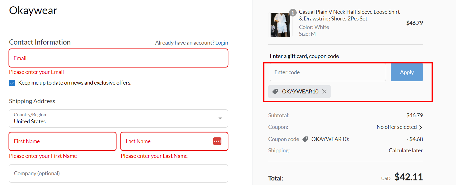 How do I use my Okaywear coupon code?