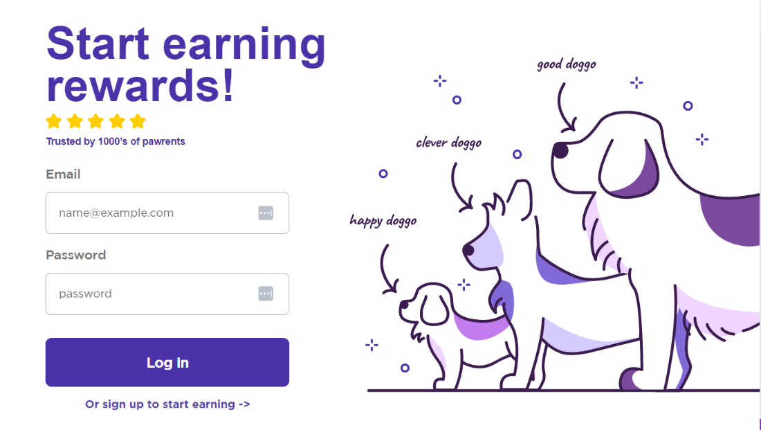 Petzyo ‘Start earning rewards!’ log in and sign up graphic with three dogs