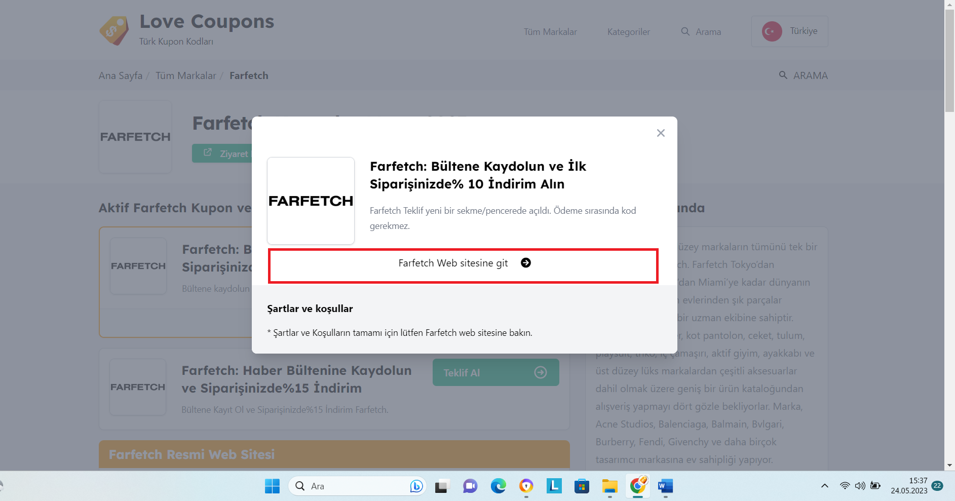 Farfetch indirimi ile ilgili teklif sayfası