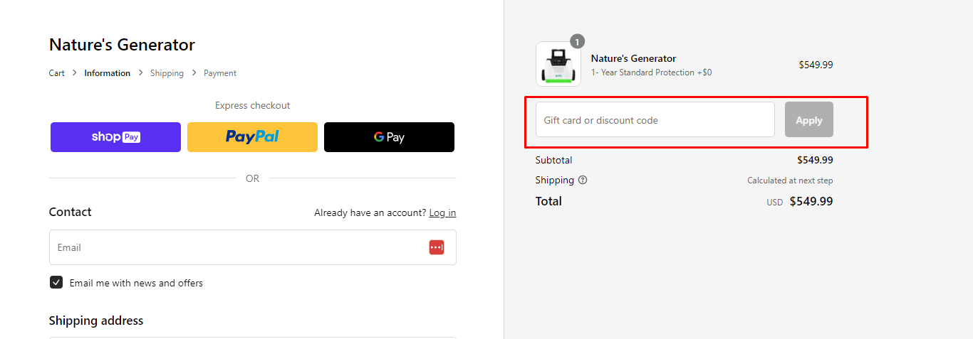 How do I use my Nature's Generator discount code?