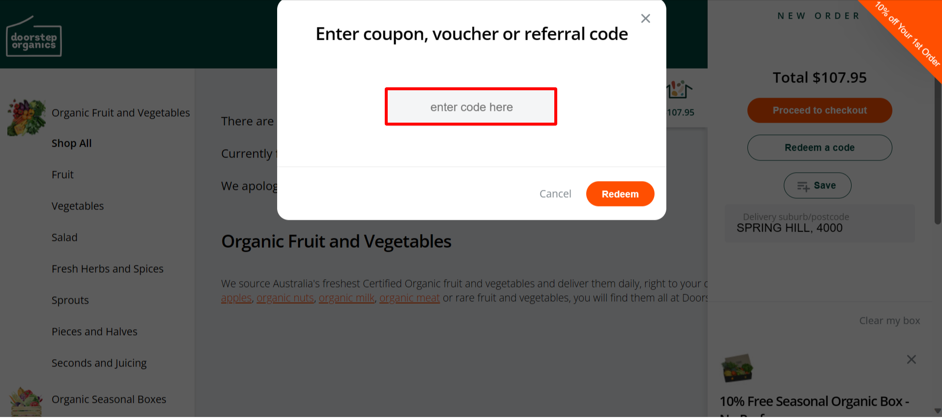 The brand checkout page with where to add the Doorstep Organics discount code highlighted with a red box