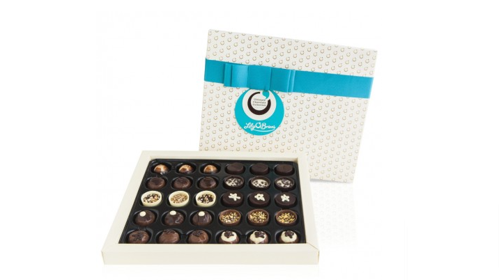 Lily O'Brien's chocolate recipes are in a nicely wrapped box finished with a blue bow
