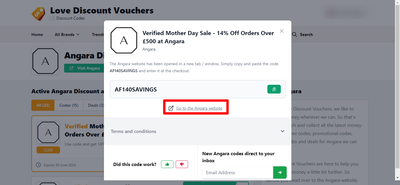 Love Discount Vouchers sites available Angara discount codes with a red box showing how to get to the brands website