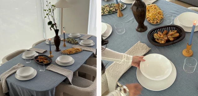 A collage of set tables showing Fable Home dinner plates and bowls as well as drinkware and a vase for decoration