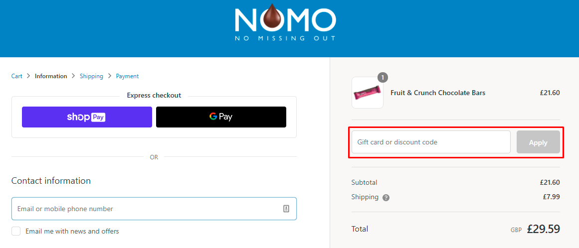 How do I use my NOMO discount code?