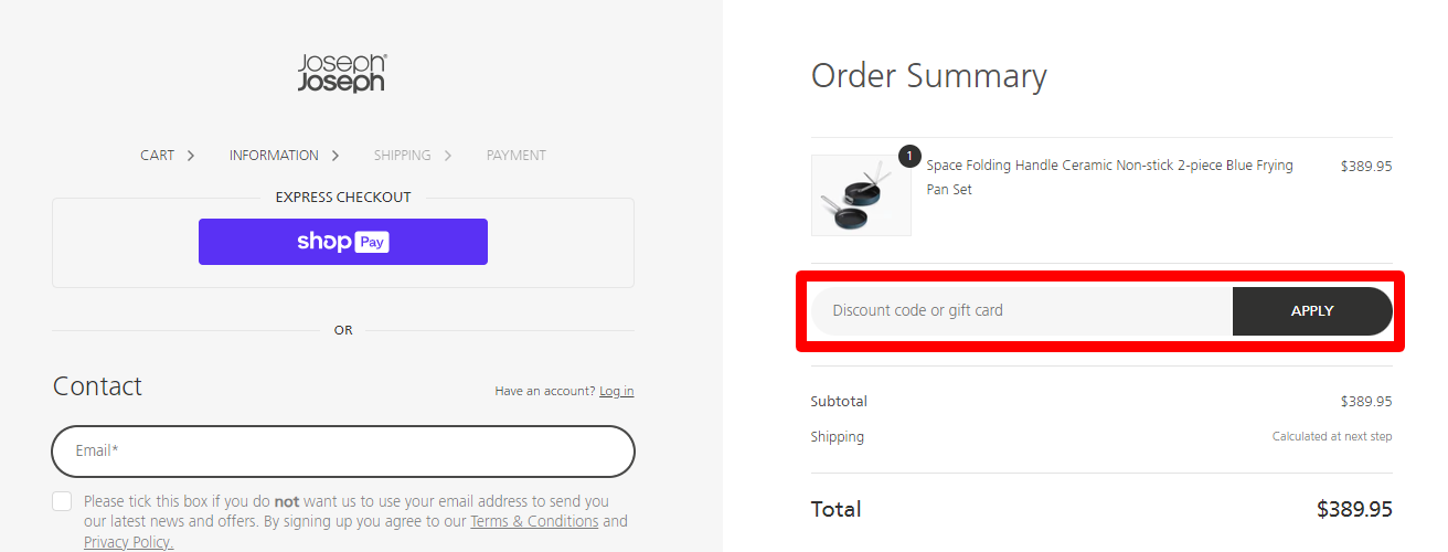 The highlighted red box at the brand checkout page is showing where to add the Joseph Joseph promo code