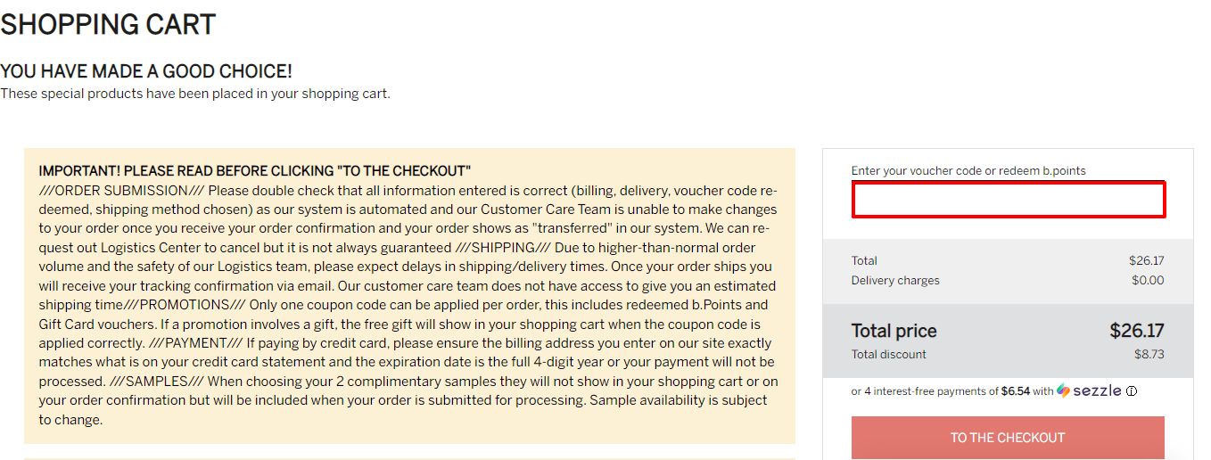 Babor coupon code label highlighted with a red box on their checkout page