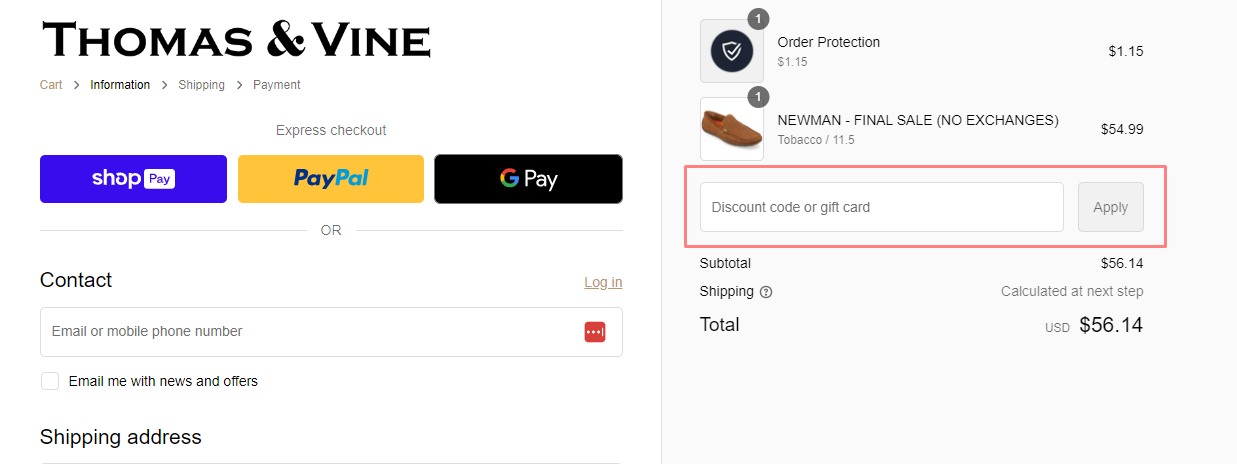 How do I use my Thomas & Vine discount code?