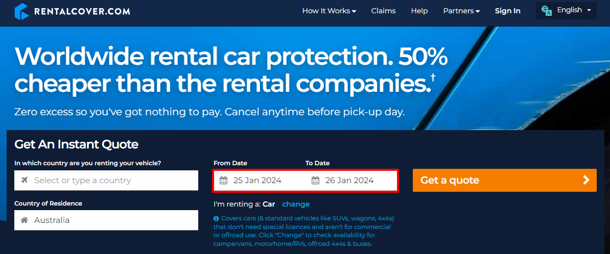 Image: Rental Cover webpage where to enter start and end dates is highlighted with a red box Rental Cover webpage where to enter start and end dates is highlighted with a red box