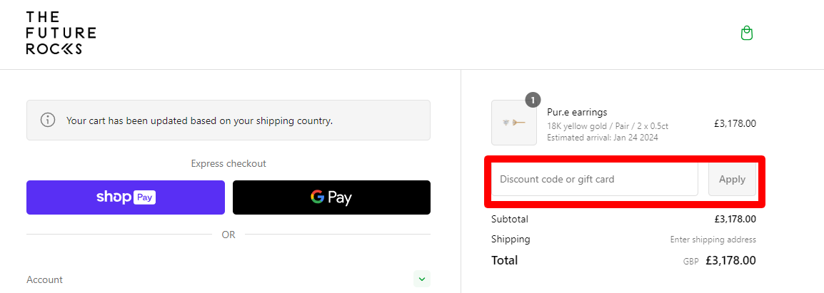 The brand checkout page with where to add the The Future Rocks discount code is highlighted with a red box